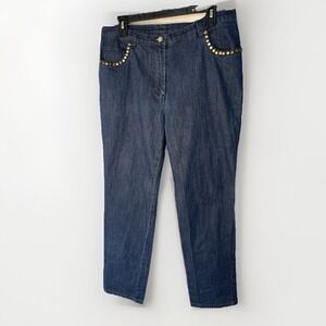 Embellished Denim Statement Jeans Gold Rivet Detail Pockets Dark Wash‎ Size 12